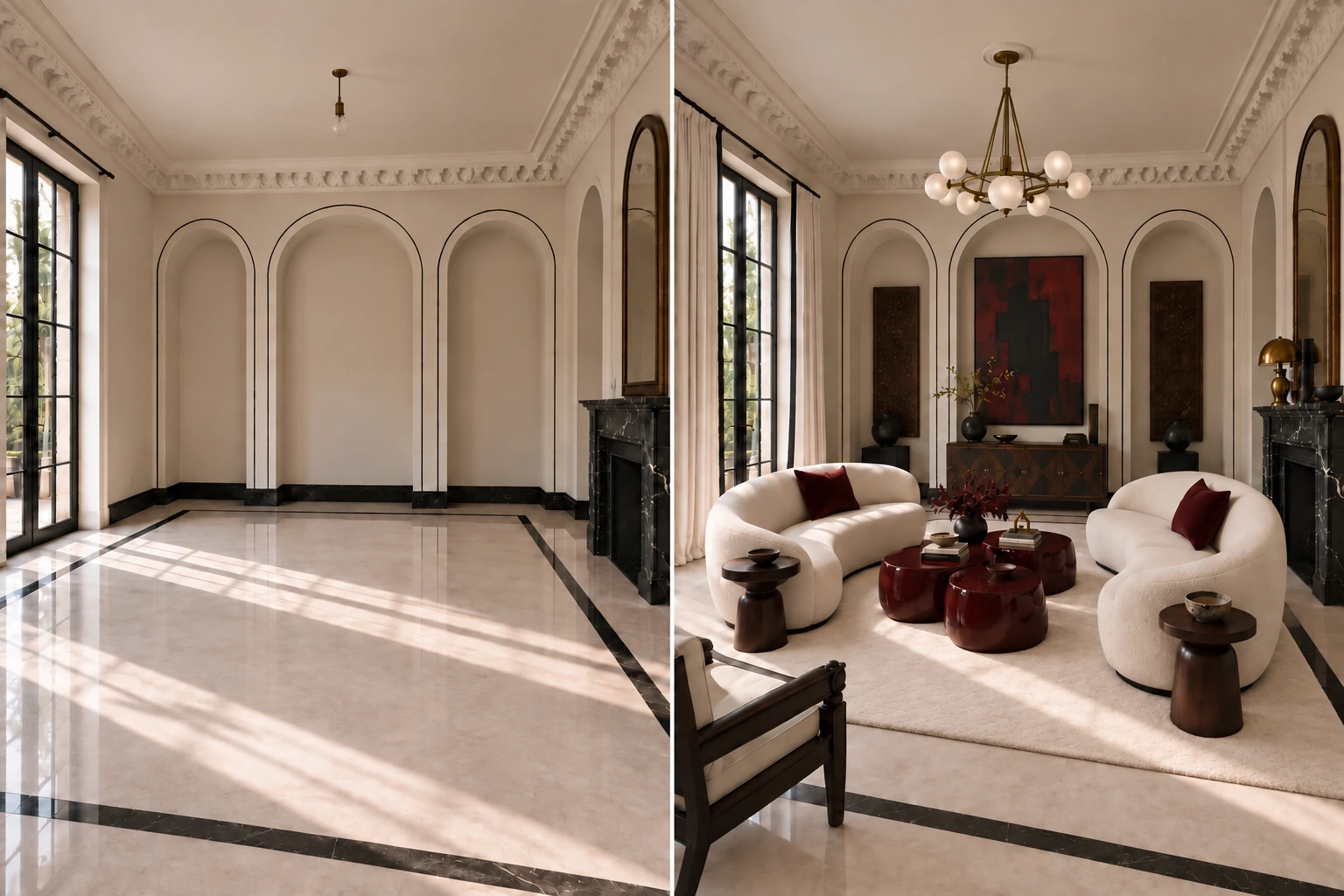 Avant après : salon de villa vide puis meublé et décoré à Marrakech