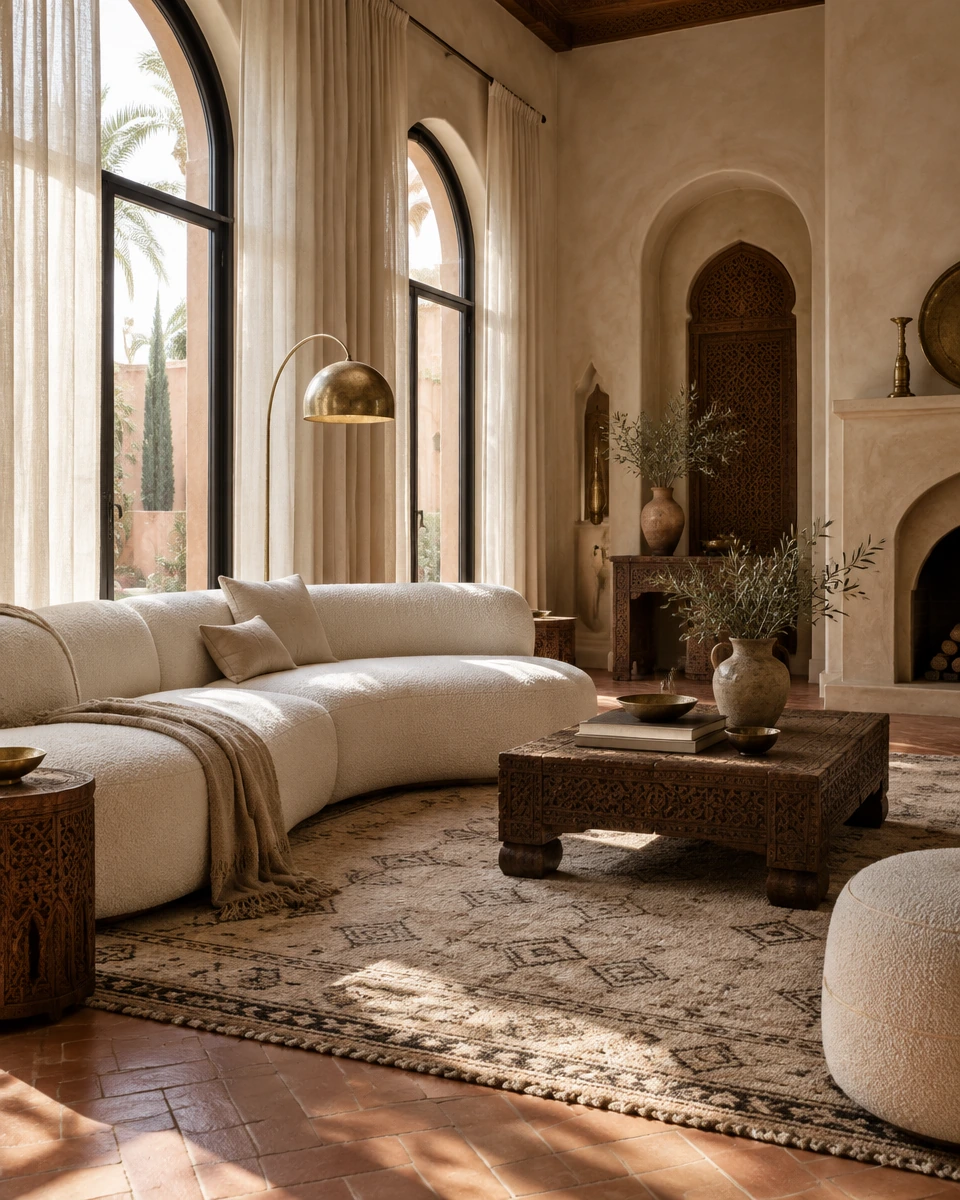 Salon d'exception d'une villa à Marrakech, tadelakt, bois sculpté et lumière naturelle